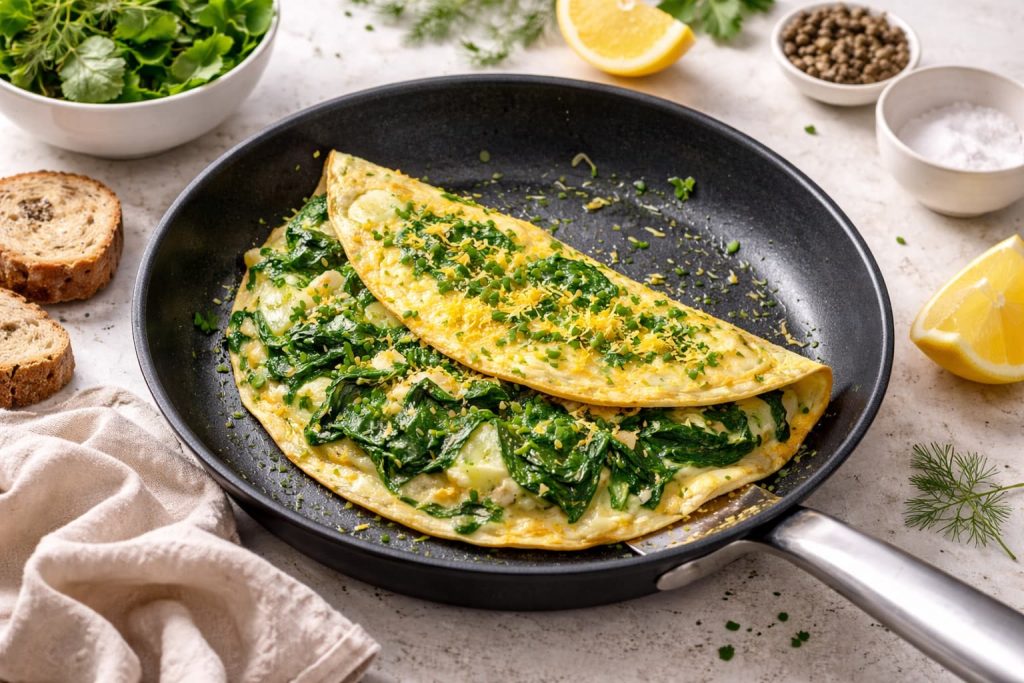 Omelet met spinazie, kruiden en citroenrasp