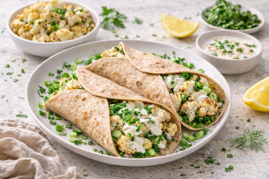 Volkoren wrap met geroosterde bloemkool met yoghurttahinsaus I jonathan klaassen