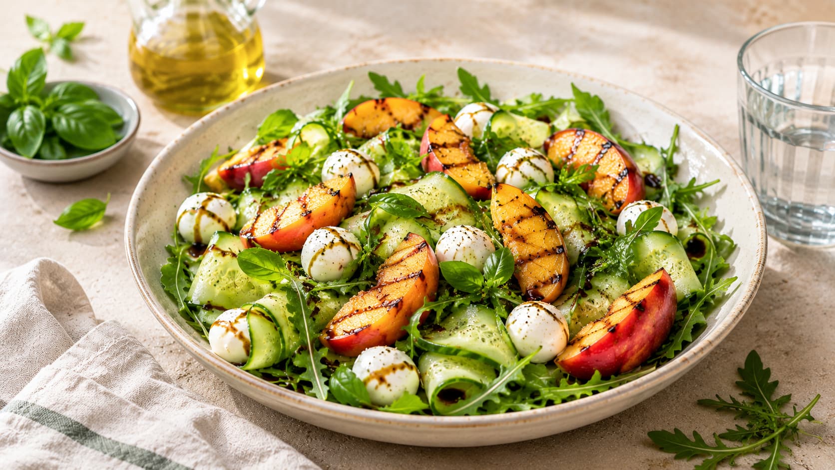 Komkommersalade met gegrilde perzik & mozzarella I Jonathan Klaassen